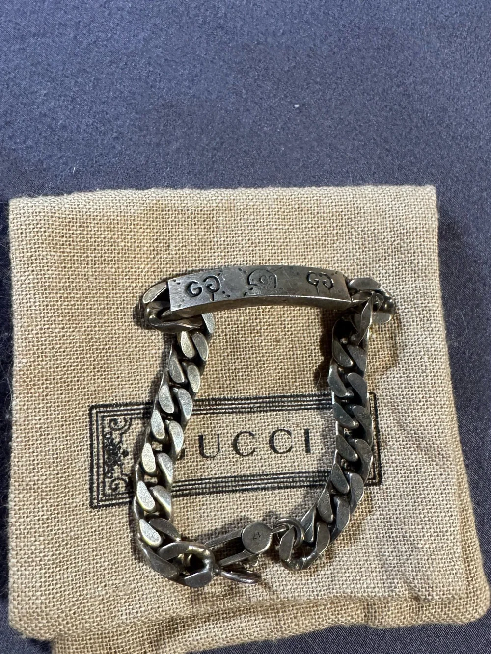 Gucci Silver-Tone Curb Chain ID Bracelet with Engraved GG Plate